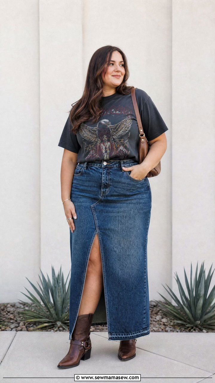 Plus Size Band Tee With Denim Maxi Skirt - 20 plus size band tee outfit ideas