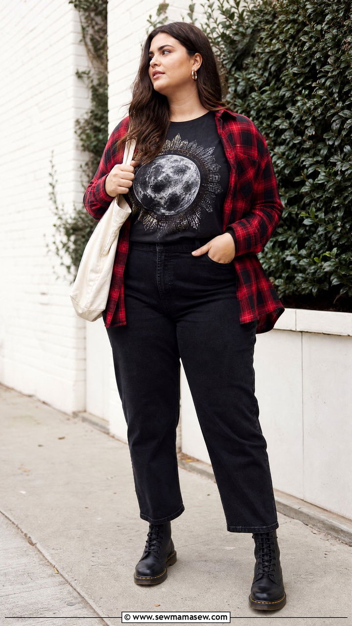 Plus Size Band Tee With Flannel Shirt And Jeans - 20 plus size band tee outfit ideas