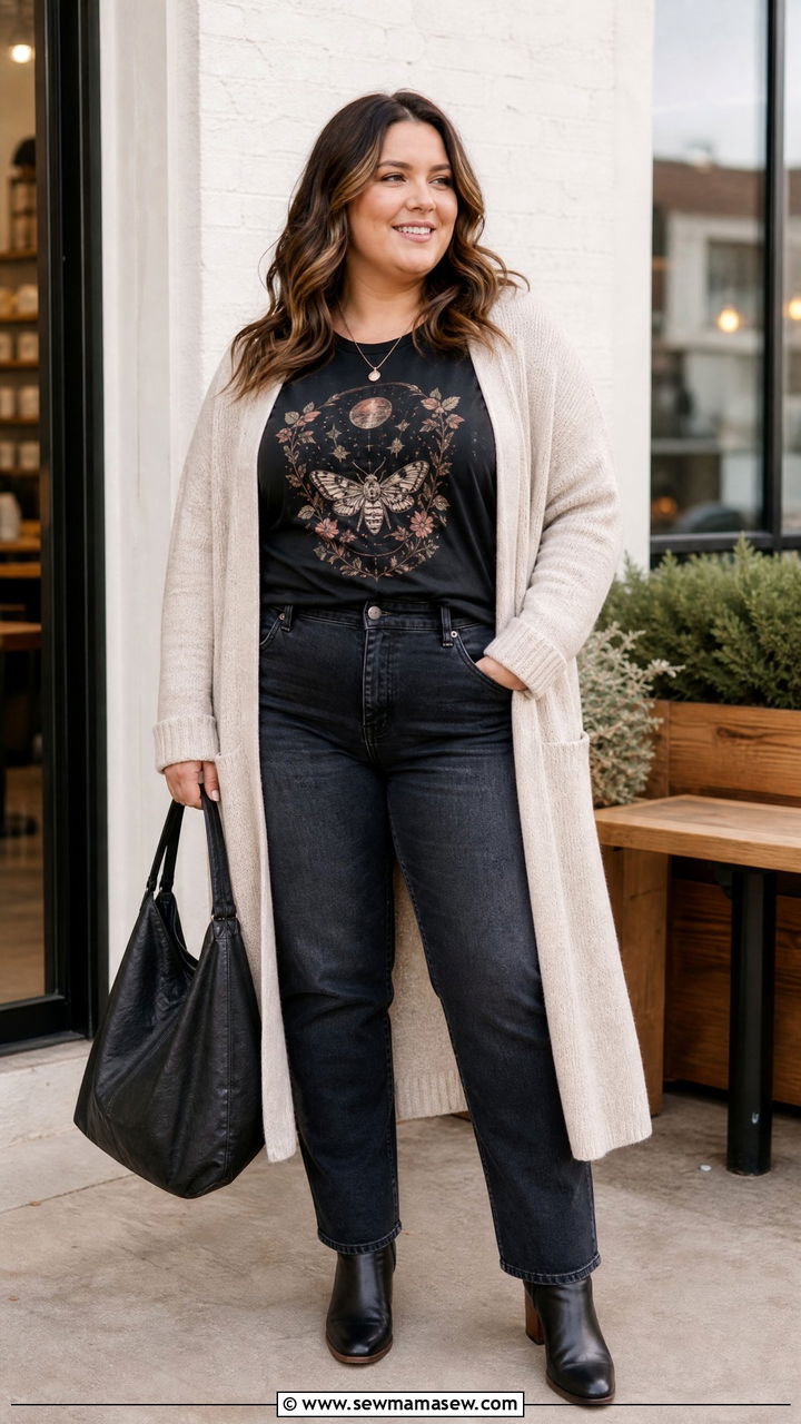 Plus Size Band Tee With Long Cardigan And Jeans - 20 plus size band tee outfit ideas