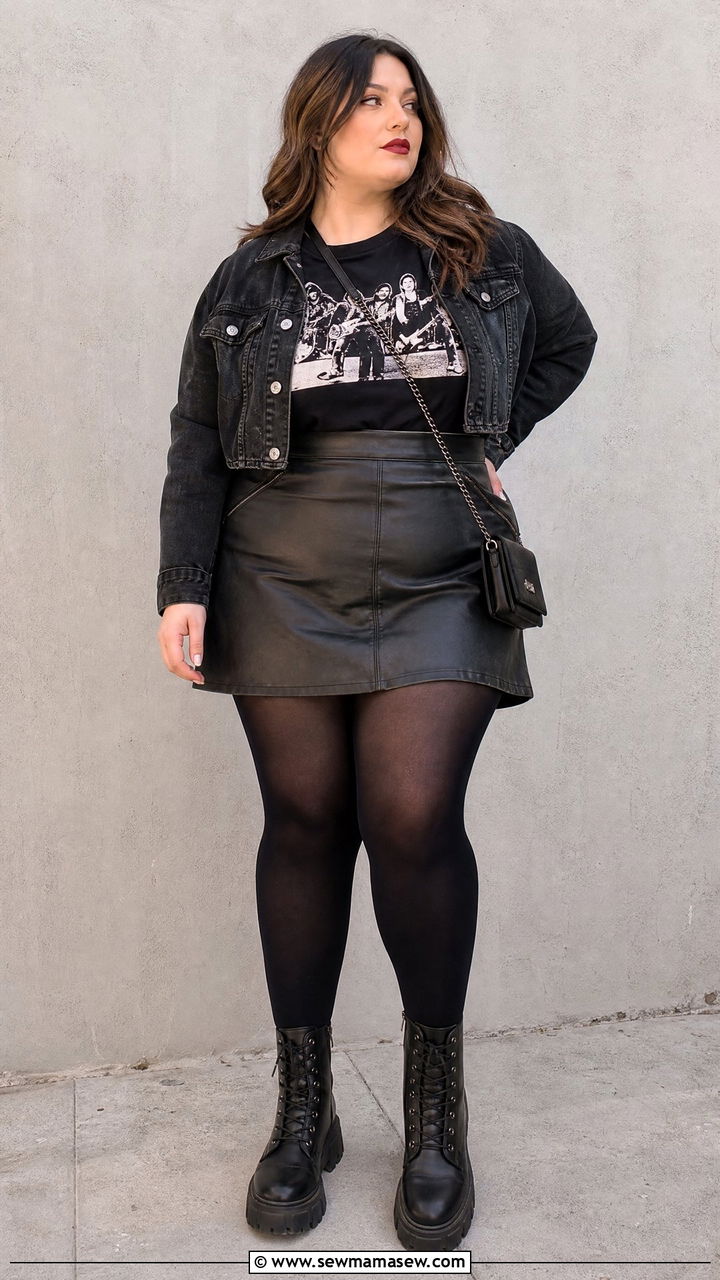 Plus Size Band Tee With Mini Skirt And Tights - 20 plus size band tee outfit ideas