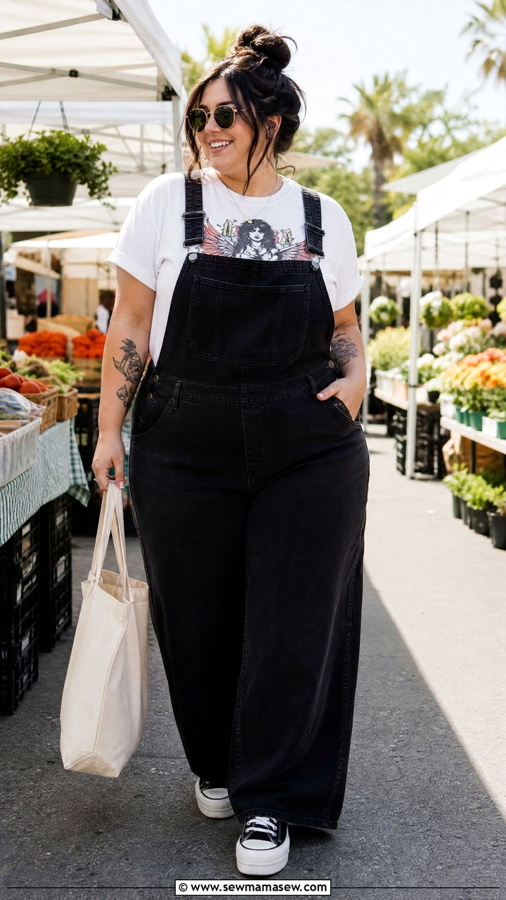 Plus Size Band Tee With Overalls - 20 plus size band tee outfit ideas