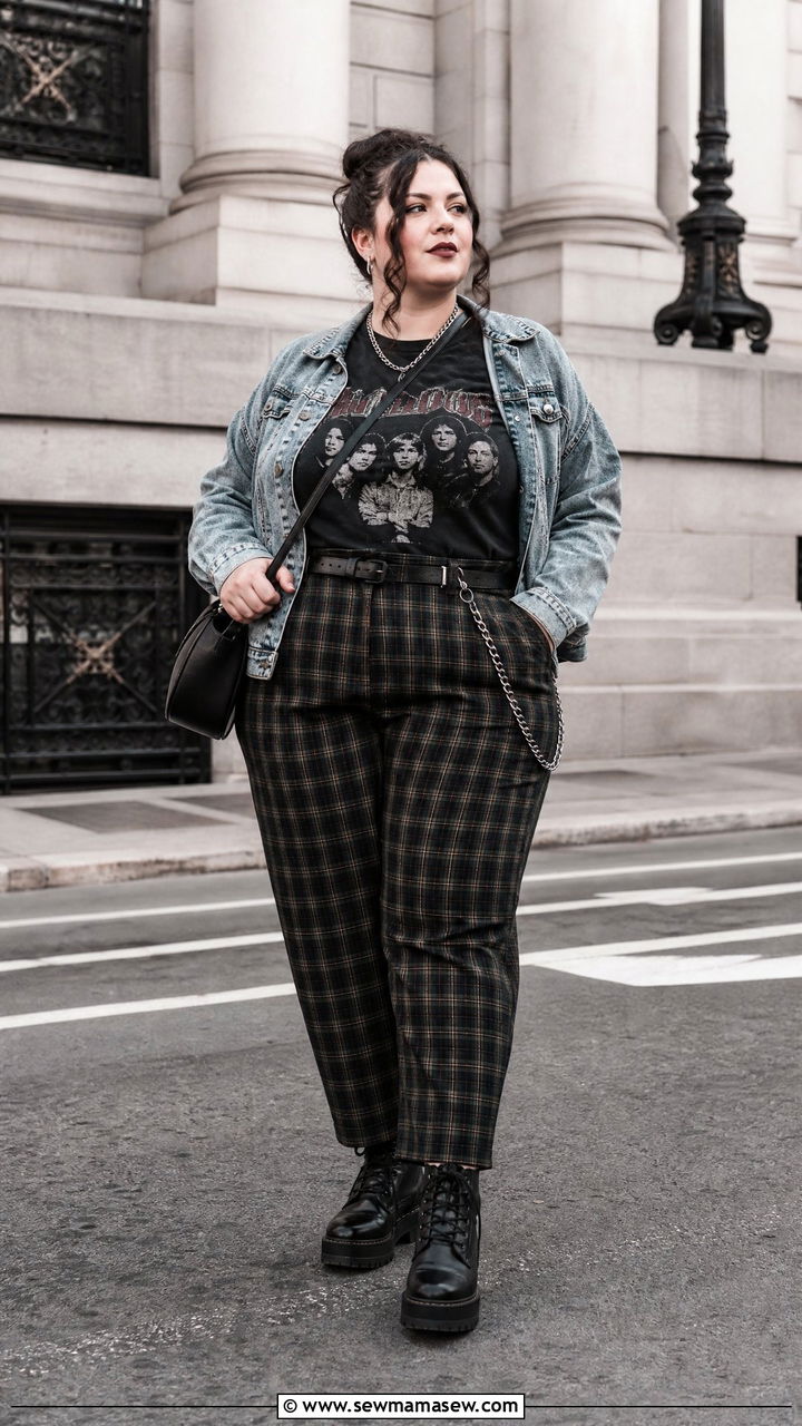 Plus Size Band Tee With Plaid Pants - 20 plus size edgy top outfit ideas