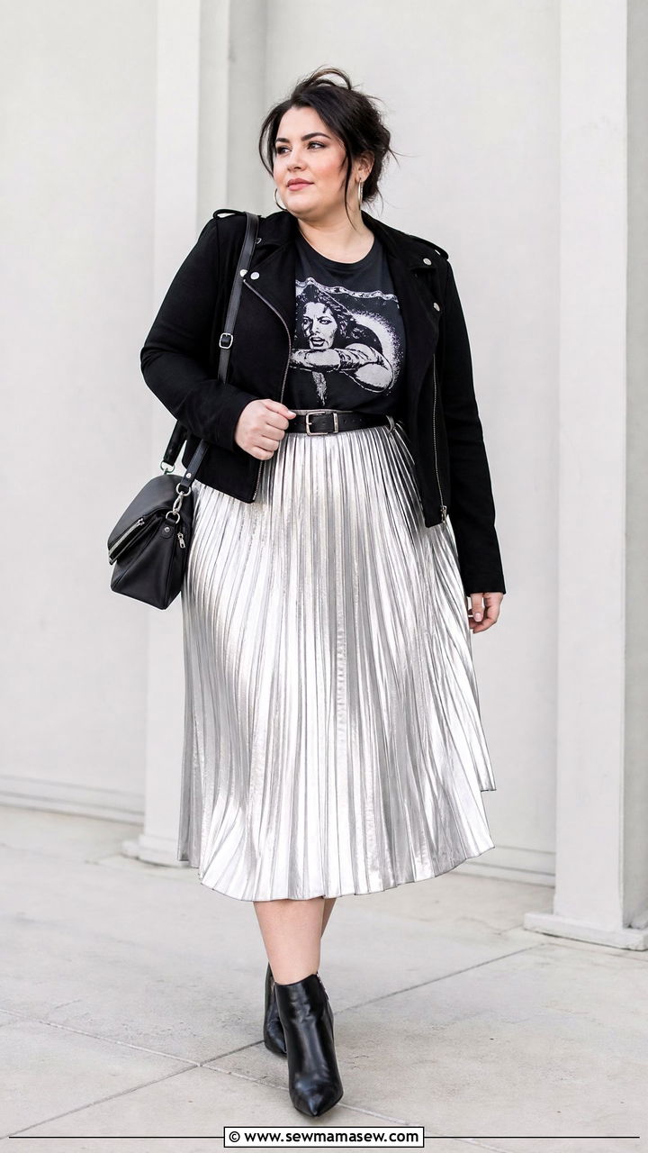 Plus Size Band Tee With Pleated Skirt - 20 plus size band tee outfit ideas