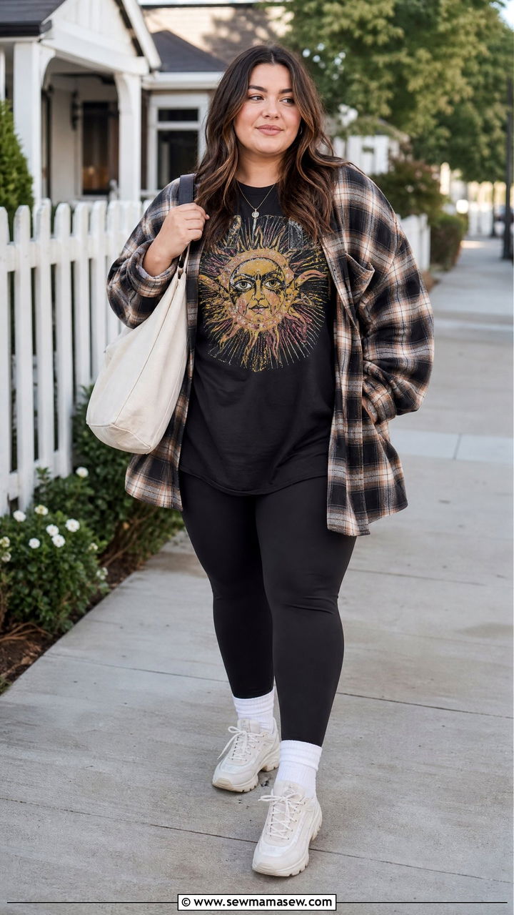 Plus Size Band Tee With Shacket And Leggings - 20 plus size band tee outfit ideas