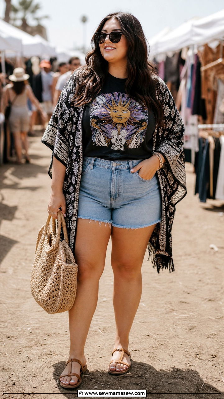Plus Size Band Tee With Shorts And Kimono - 20 plus size band tee outfit ideas
