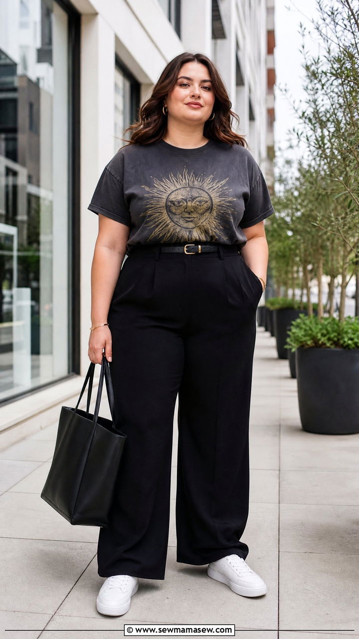 Plus Size Band Tee With Tailored Trousers - 20 plus size band tee outfit ideas