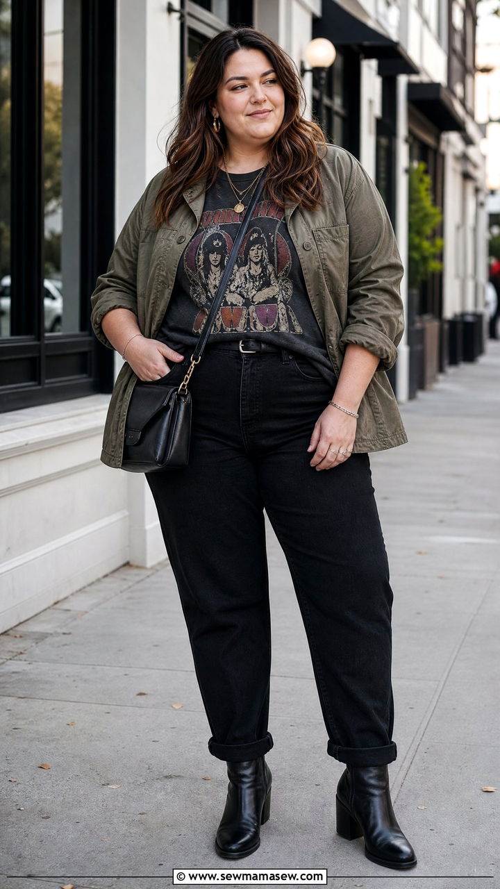 Plus Size Band Tee With Utility Jacket And Black Jeans - 20 plus size band tee outfit ideas