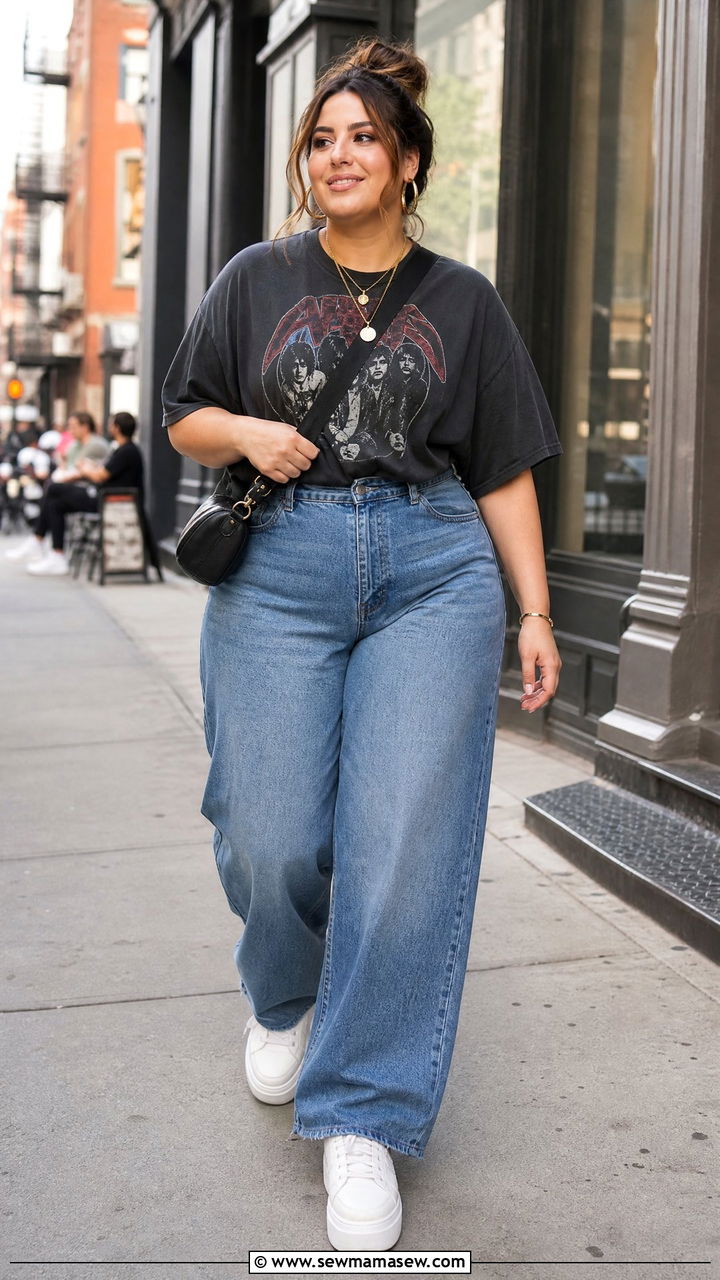 Plus Size Band Tee With Wide Leg Jeans - 20 plus size band tee outfit ideas