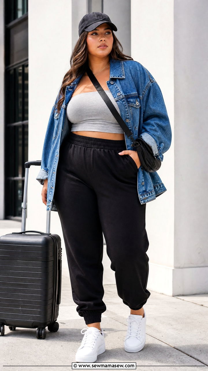 Plus Size Bandeau Top With Denim Jacket And Joggers - 20 plus size bandeau top outfit ideas