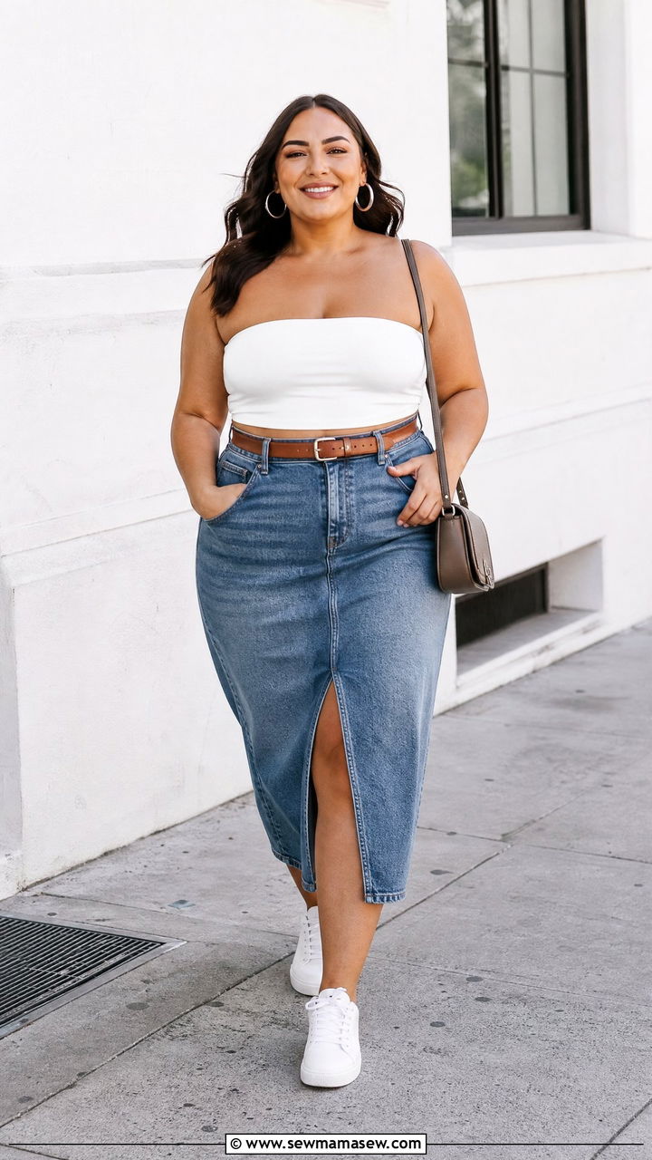 Plus Size Bandeau Top With Denim Skirt - 20 plus size bandeau top outfit ideas