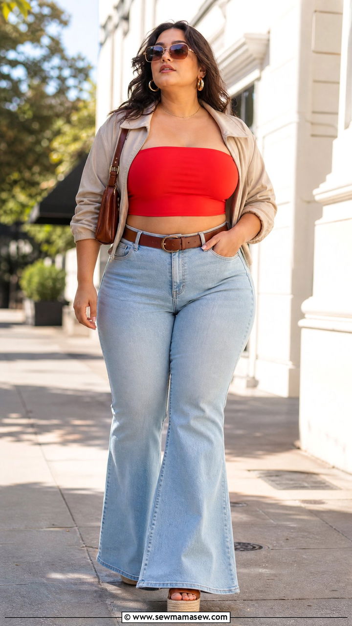 Plus Size Bandeau Top With Flare Jeans - 20 plus size bandeau top outfit ideas