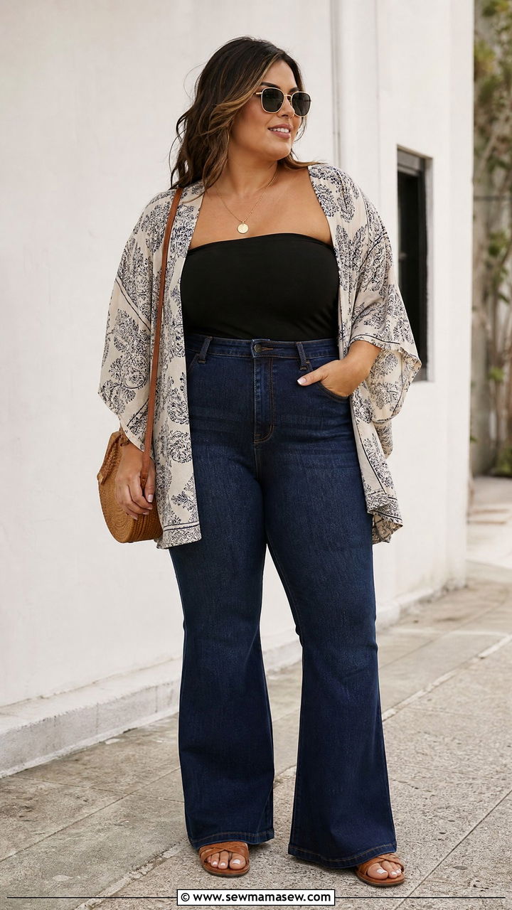 Plus Size Bandeau Top With Kimono And Jeans - 20 plus size bandeau top outfit ideas