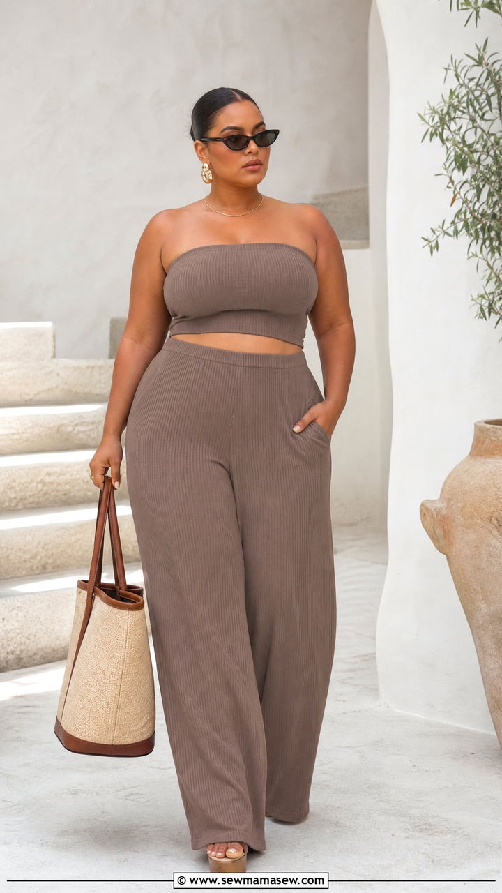 Plus Size Bandeau Top With Matching Pants Set - 20 plus size bandeau top outfit ideas