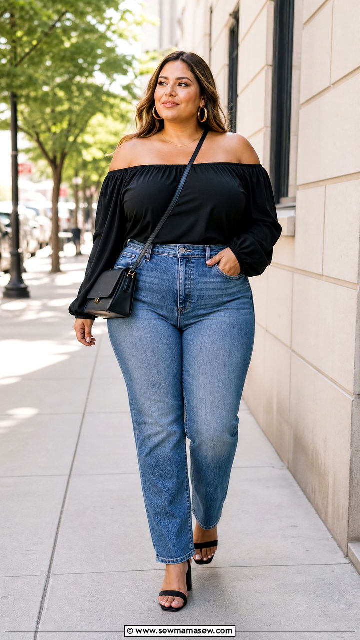 Plus Size Bardot Top With High Waisted Jeans - 20 plus size bardot top outfit ideas