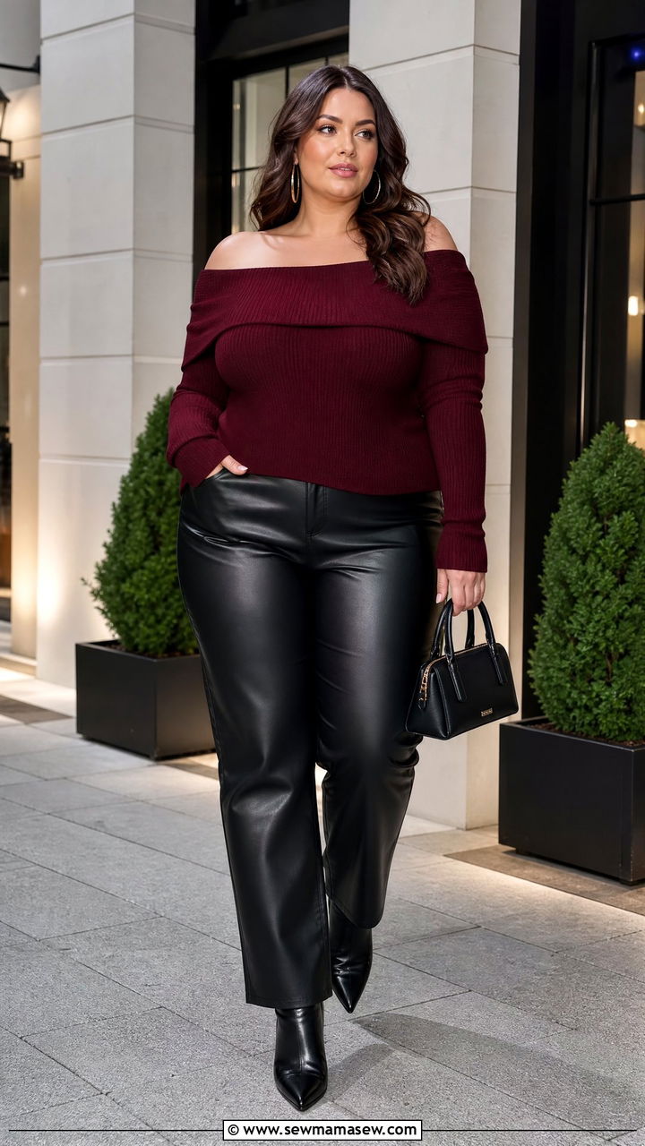 Plus Size Bardot Top With Leather Look Pants - 20 plus size bardot top outfit ideas