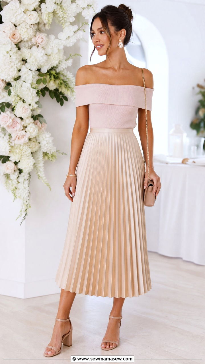 Plus Size Bardot Top With Pleated Midi Skirt - 20 plus size bardot top outfit ideas