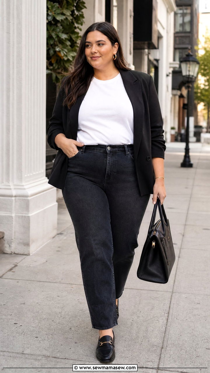 Plus Size Basic Tee With Blazer And Jeans - 20 plus size basic tee outfit ideas