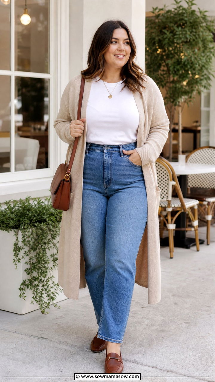 Plus Size Basic Tee With Cardigan And Jeans - 20 plus size basic tee outfit ideas