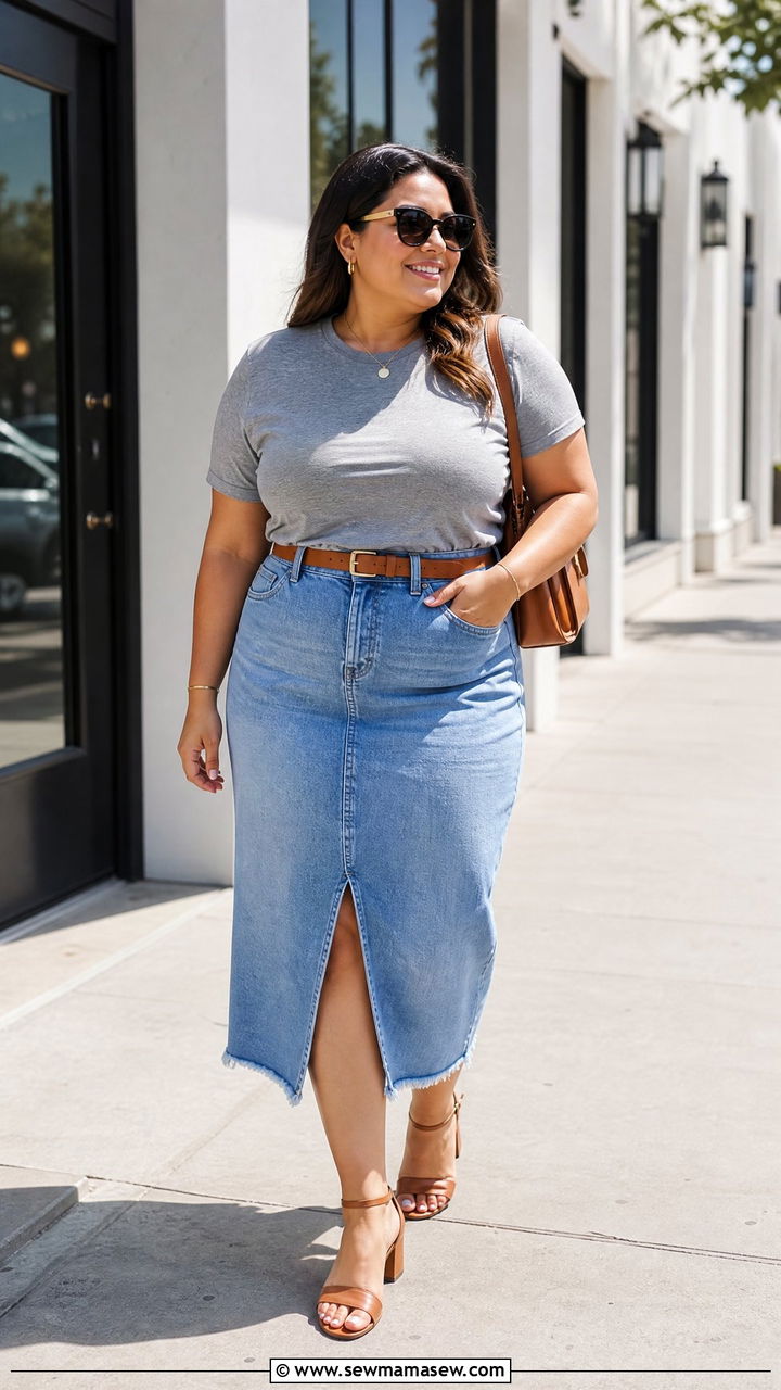 Plus Size Basic Tee With Denim Skirt - 20 plus size basic tee outfit ideas