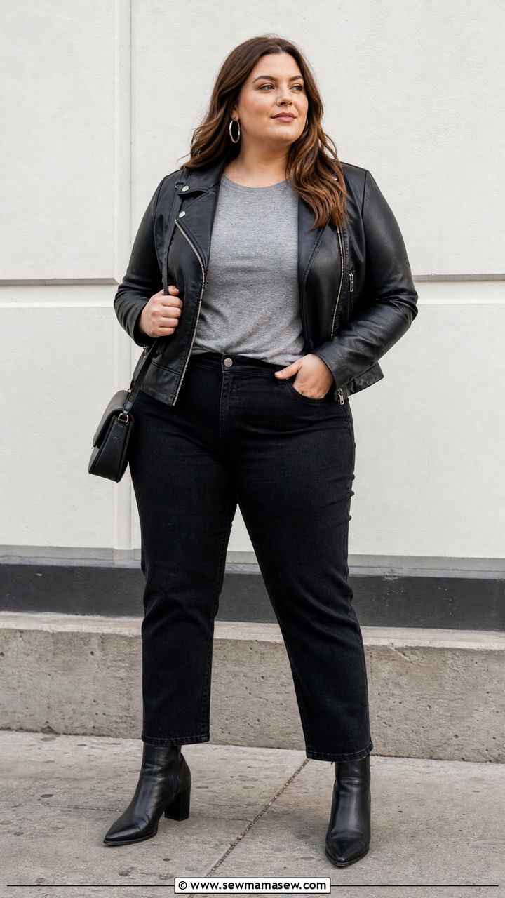 Plus Size Basic Tee With Leather Jacket - 20 plus size basic tee outfit ideas