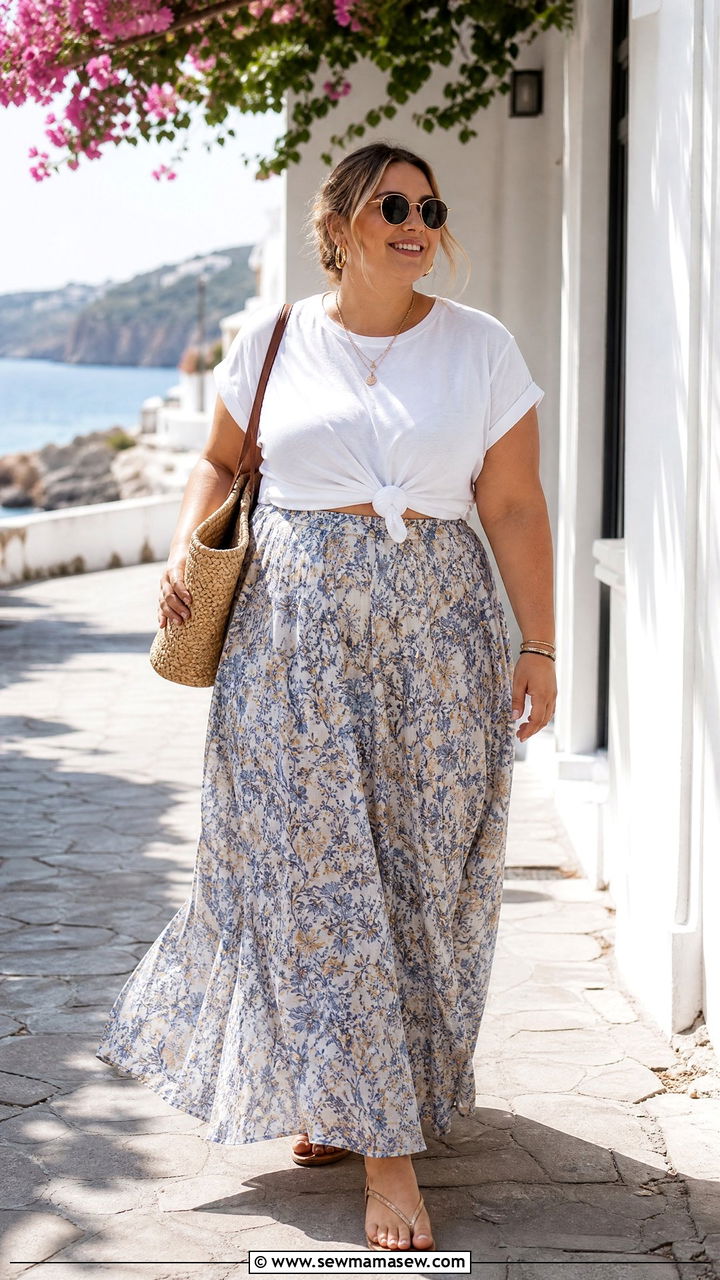 Plus Size Basic Tee With Maxi Skirt - 20 plus size basic tee outfit ideas
