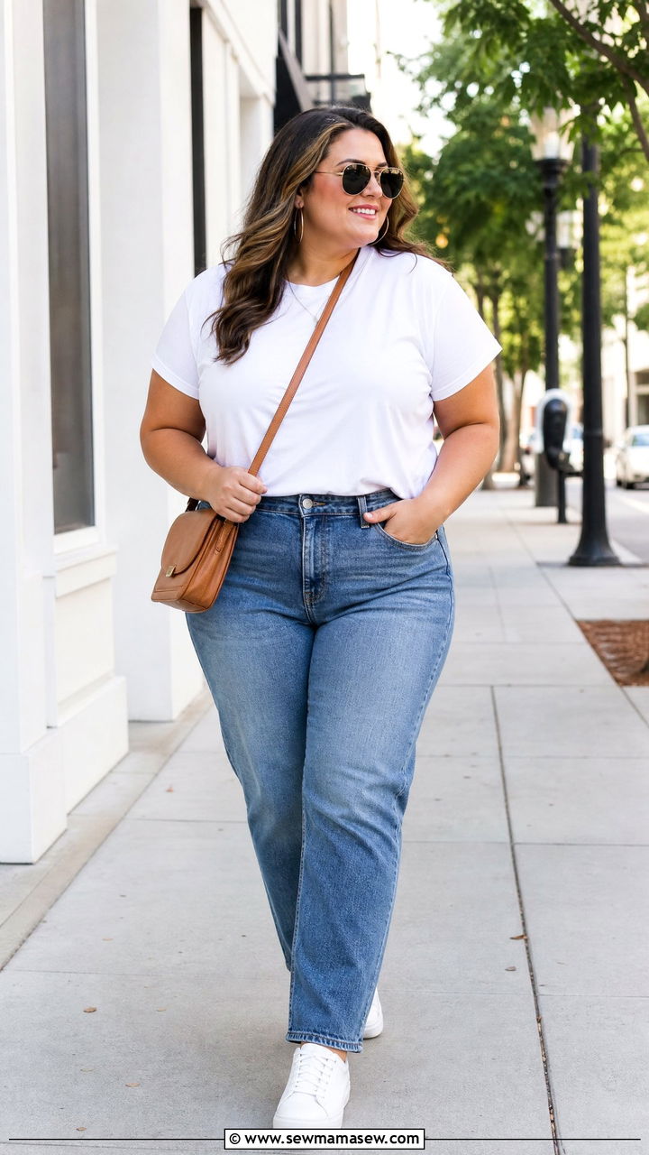 Plus Size Basic Tee With Straight Leg Jeans - 20 plus size basic tee outfit ideas