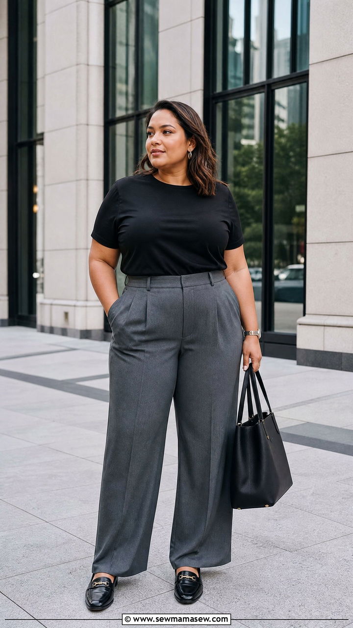 Plus Size Basic Tee With Tailored Trousers - 20 plus size basic tee outfit ideas