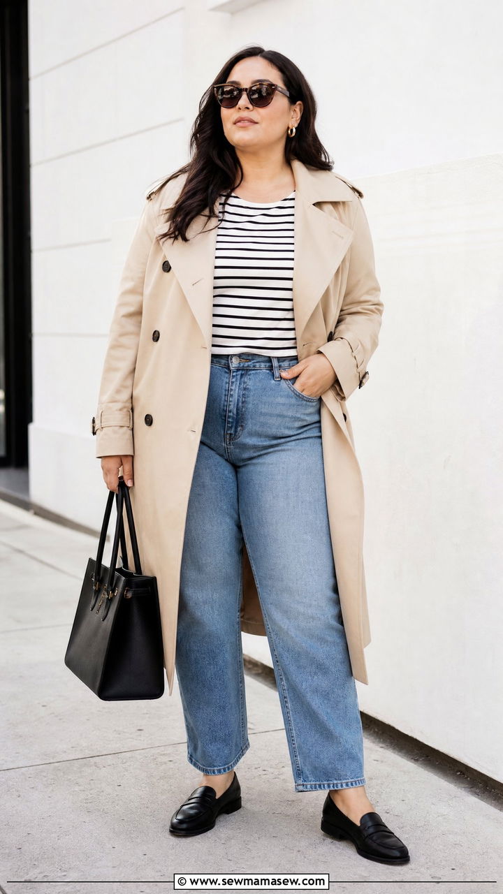 Plus Size Basic Tee With Trench Coat - 20 plus size basic tee outfit ideas