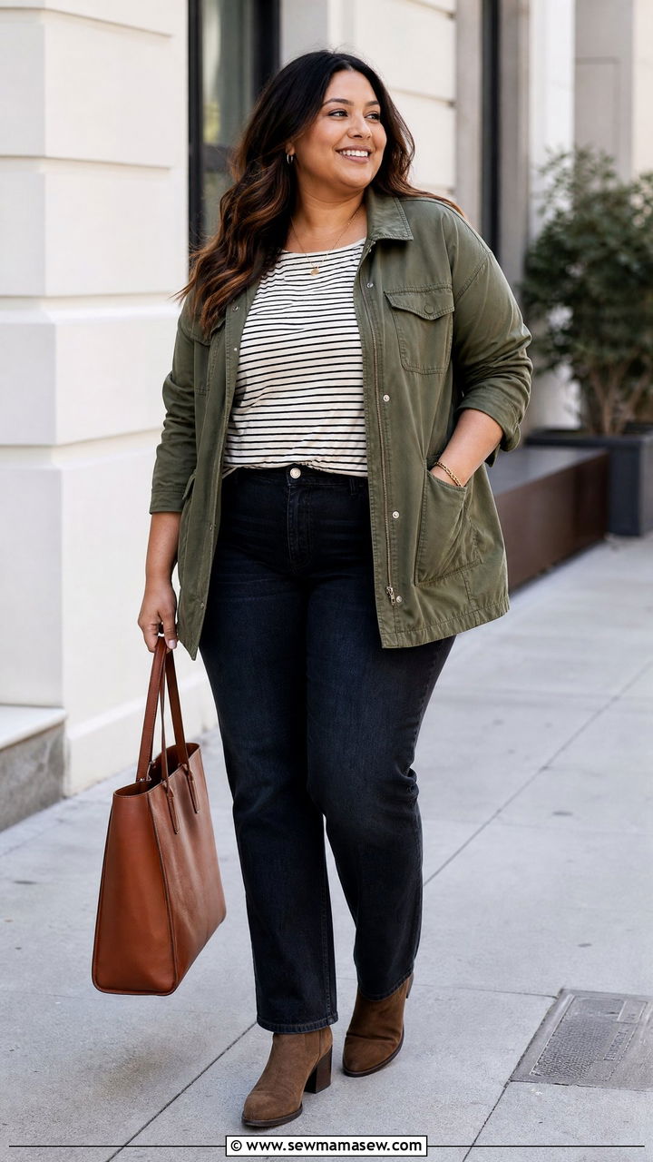 Plus Size Basic Tee With Utility Jacket - 20 plus size basic tee outfit ideas