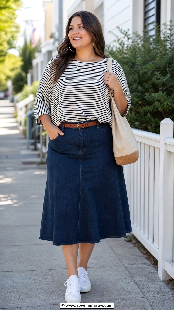 Plus Size Batwing Top With Denim Skirt - 20 plus size batwing top outfit ideas