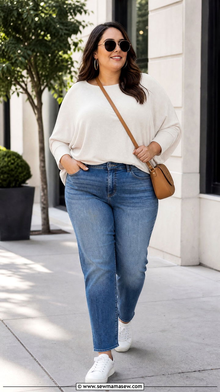 Plus Size Batwing Top With Straight Leg Jeans - 20 plus size batwing top outfit ideas