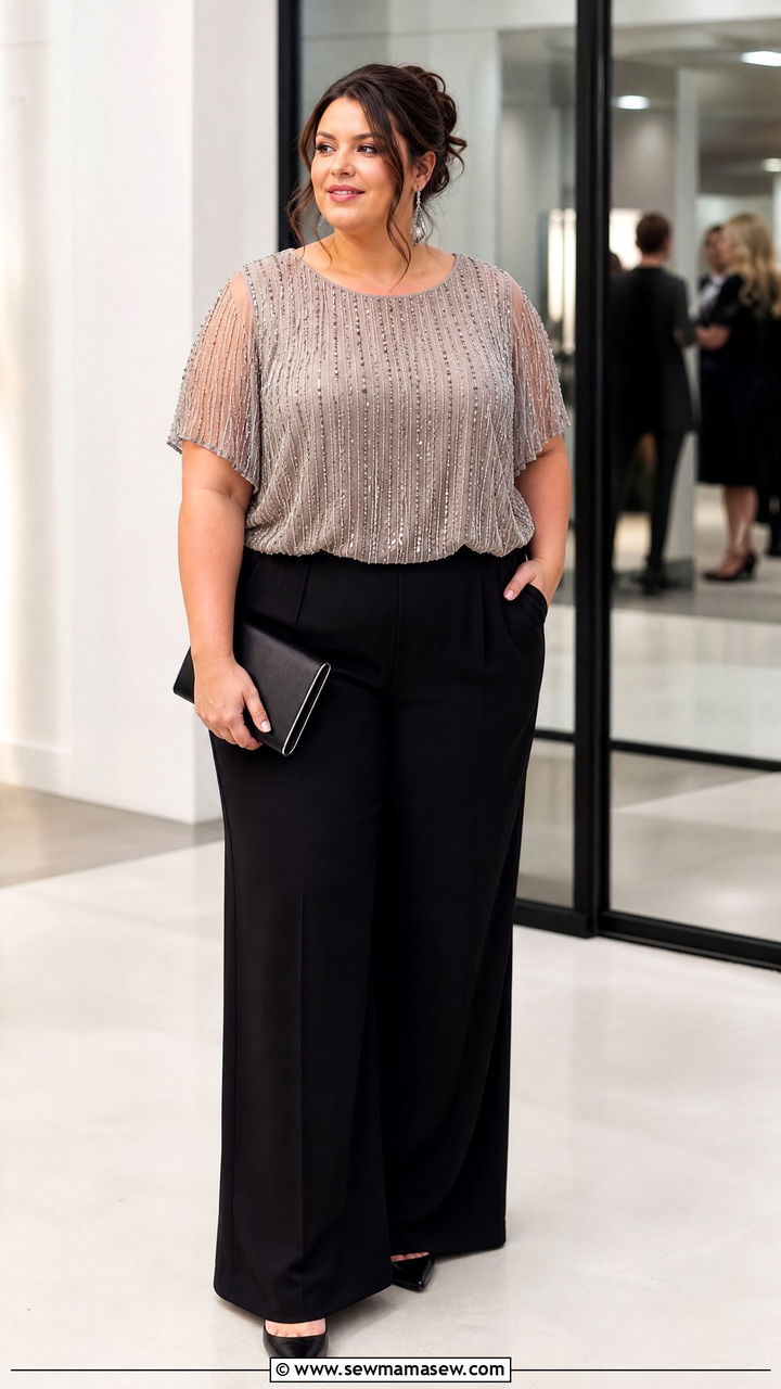 Plus Size Beaded Top With Black Wide Leg Pants - 20 plus size beaded top outfit ideas