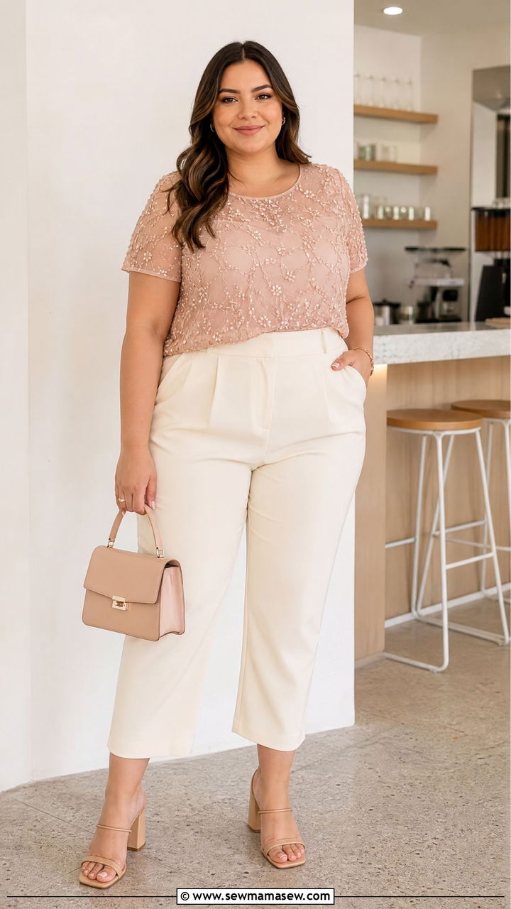 Plus Size Beaded Top With Cropped Trousers - 20 plus size beaded top outfit ideas