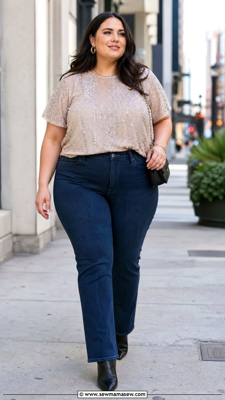 Plus Size Beaded Top With Dark Wash Jeans - 20 plus size beaded top outfit ideas