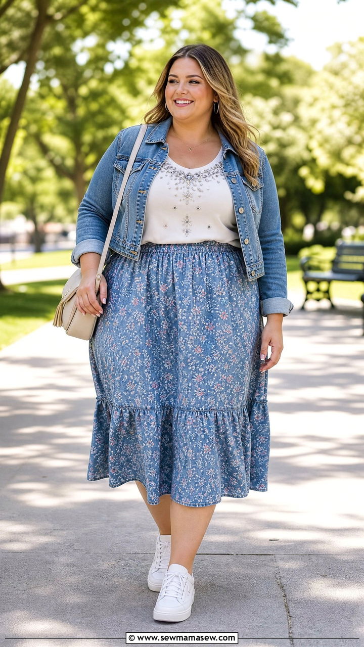 Plus Size Beaded Top With Denim Jacket And Skirt - 20 plus size beaded top outfit ideas