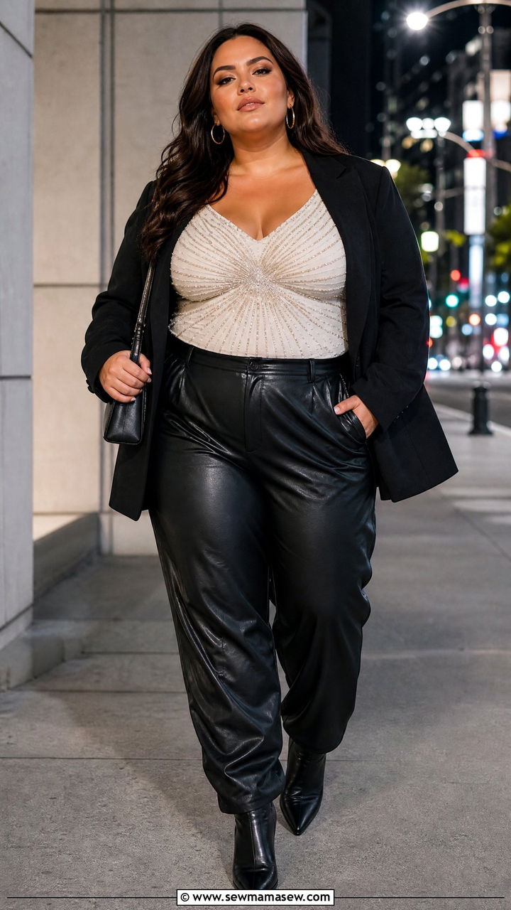 Plus Size Beaded Top With Faux Leather Pants - 20 plus size beaded top outfit ideas