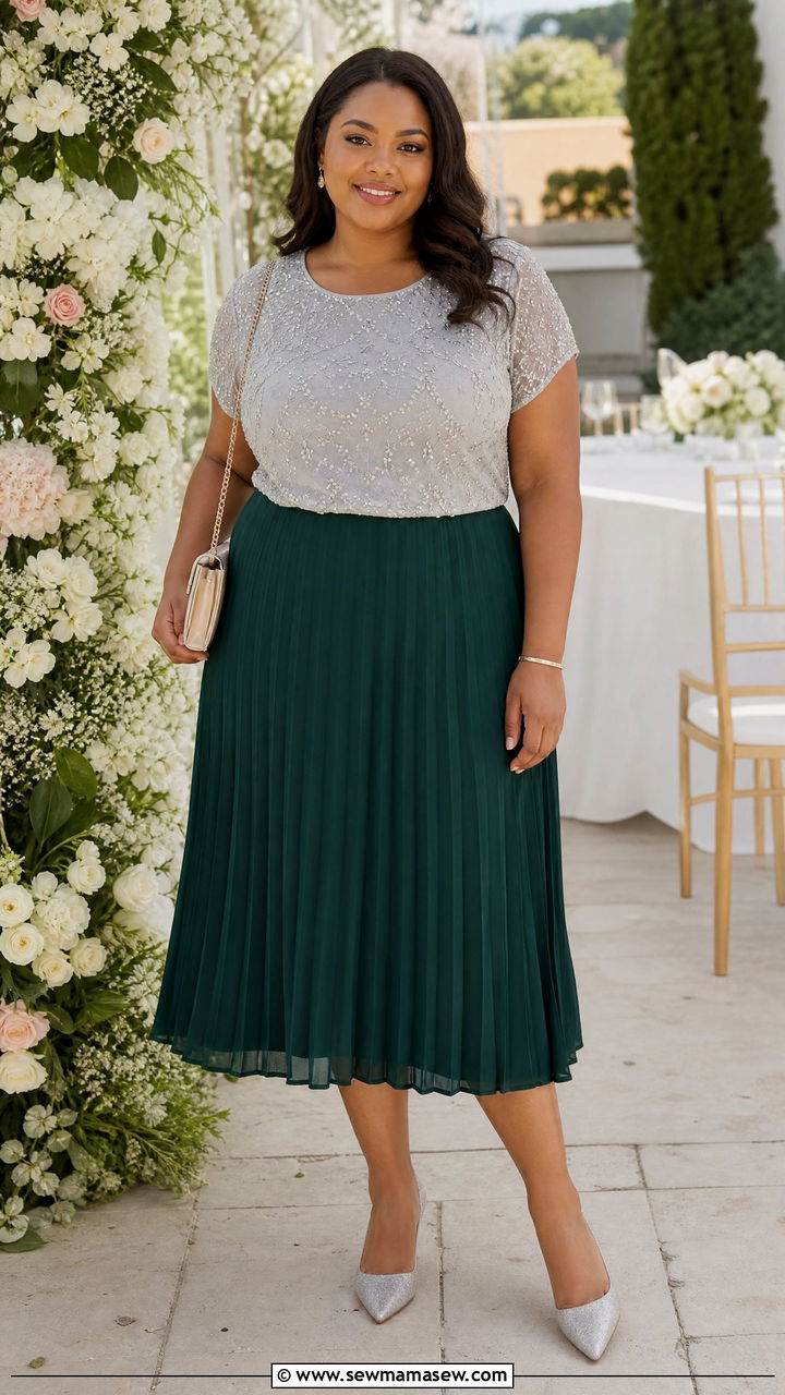 Plus Size Beaded Top With Pleated Midi Skirt - 20 plus size beaded top outfit ideas