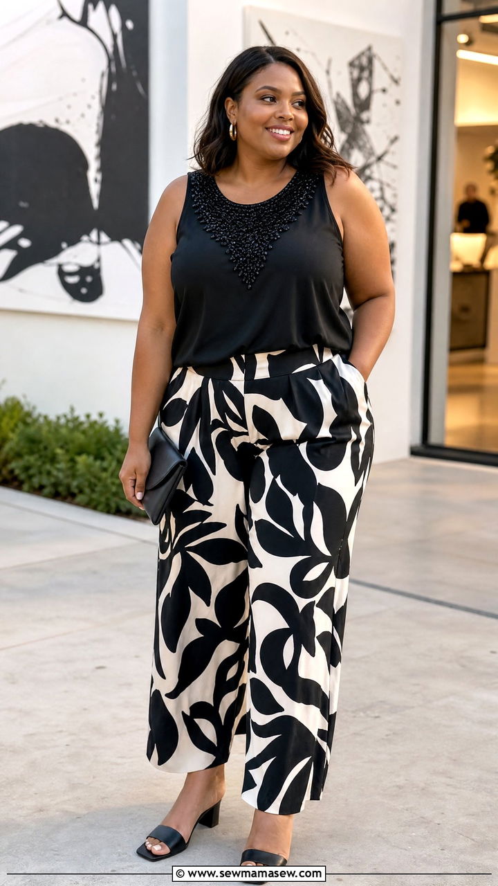 Plus Size Beaded Top With Printed Wide Leg Pants - 20 plus size beaded top outfit ideas
