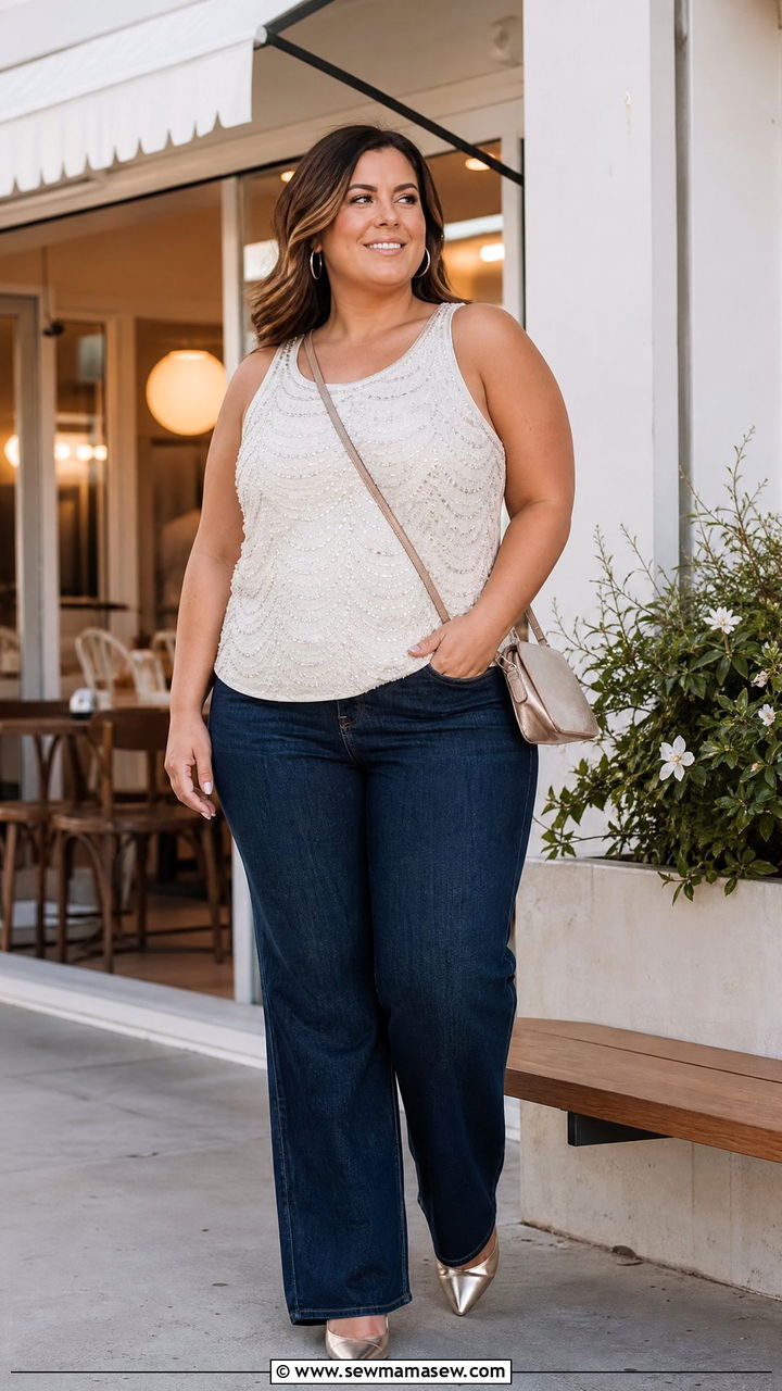 Plus Size Beaded Top With Straight Leg Jeans - 20 plus size embellished top outfit ideas