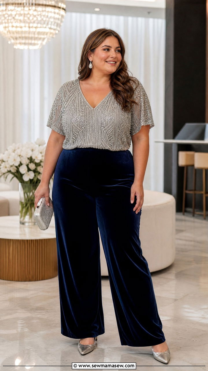 Plus Size Beaded Top With Velvet Pants - 20 plus size beaded top outfit ideas