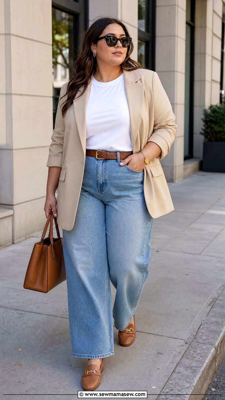 Plus Size Beige Blazer And Wide Leg Jeans Outfit - 20 plus size neutral outfit ideas