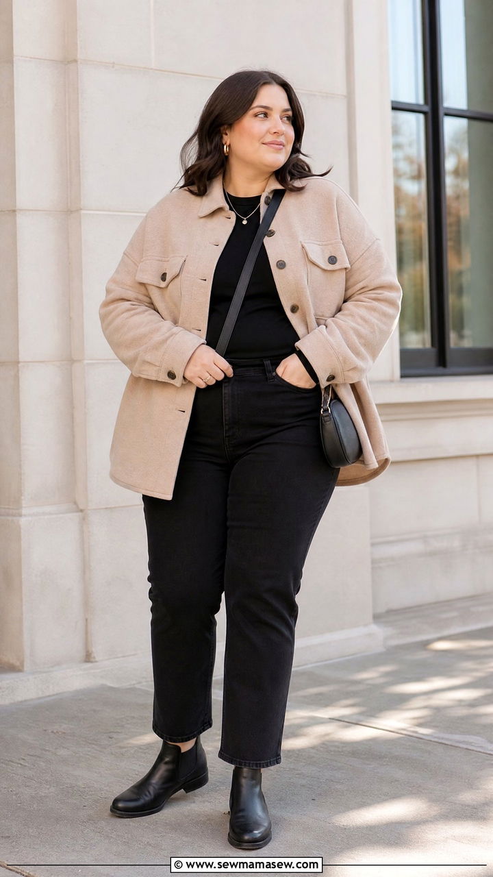 Plus Size Beige Shacket And Black Jeans Outfit - 20 plus size neutral outfit ideas