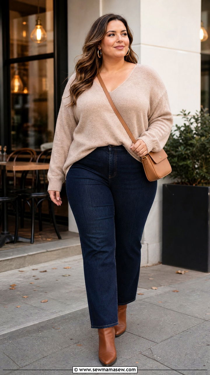 Plus Size Beige Sweater And Jeans Outfit - 20 plus size beige outfit ideas
