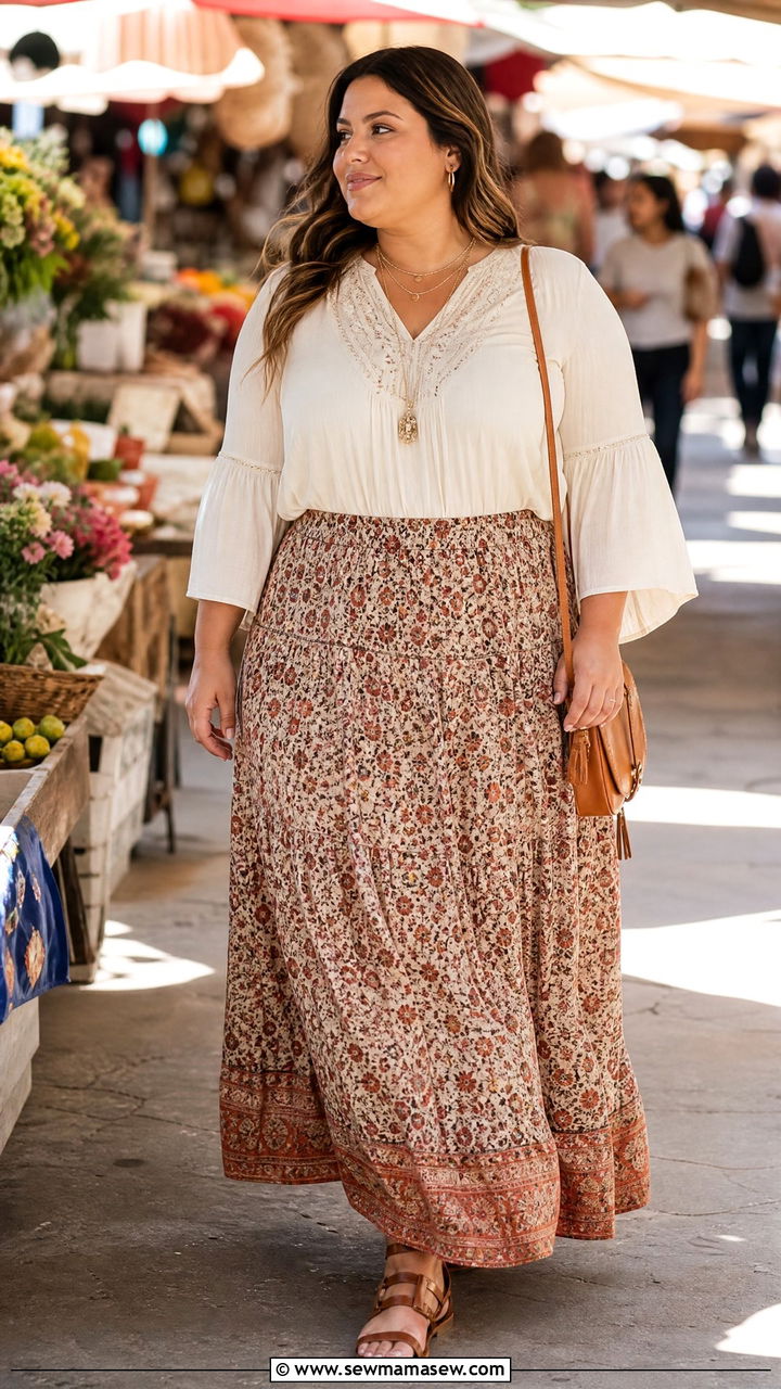 Plus Size Bell Sleeve Blouse With A Maxi Skirt - 20 plus size bell sleeve blouse outfit ideas