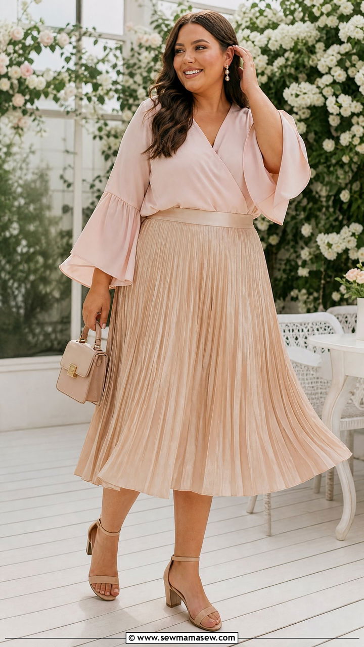 Plus Size Bell Sleeve Blouse With A Pleated Midi Skirt - 20 plus size bell sleeve blouse outfit ideas