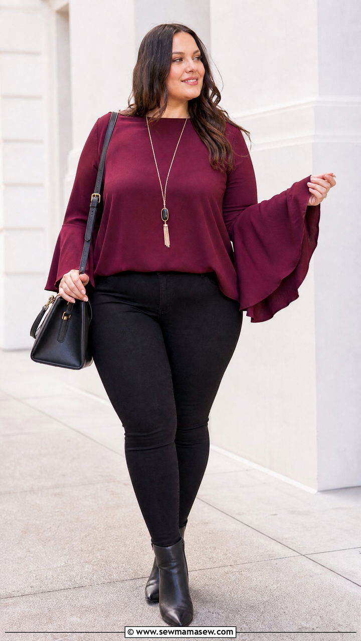 Plus Size Bell Sleeve Blouse With Black Skinny Jeans - 20 plus size bell sleeve blouse outfit ideas
