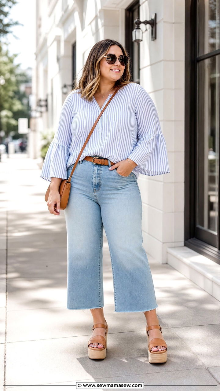 Plus Size Bell Sleeve Blouse With Cropped Wide Leg Jeans - 20 plus size bell sleeve blouse outfit ideas