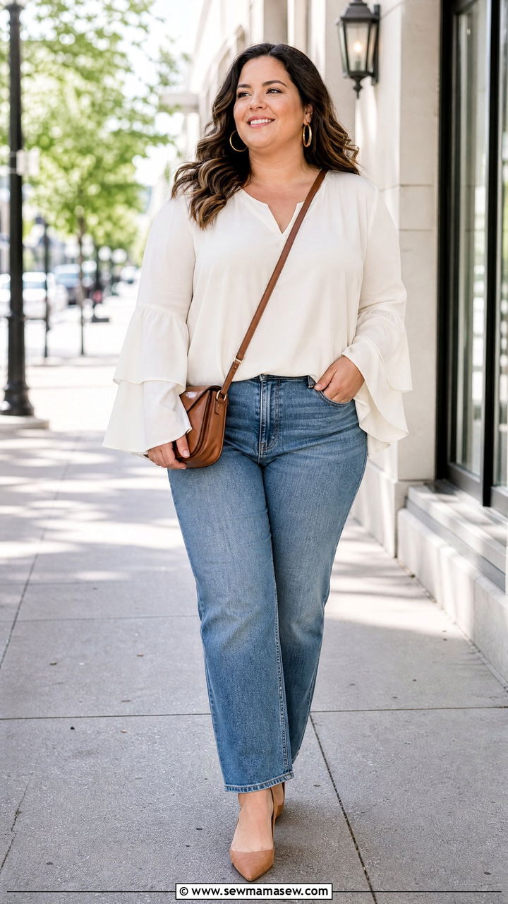 Plus Size Bell Sleeve Blouse With Straight Leg Jeans - 20 plus size bell sleeve blouse outfit ideas