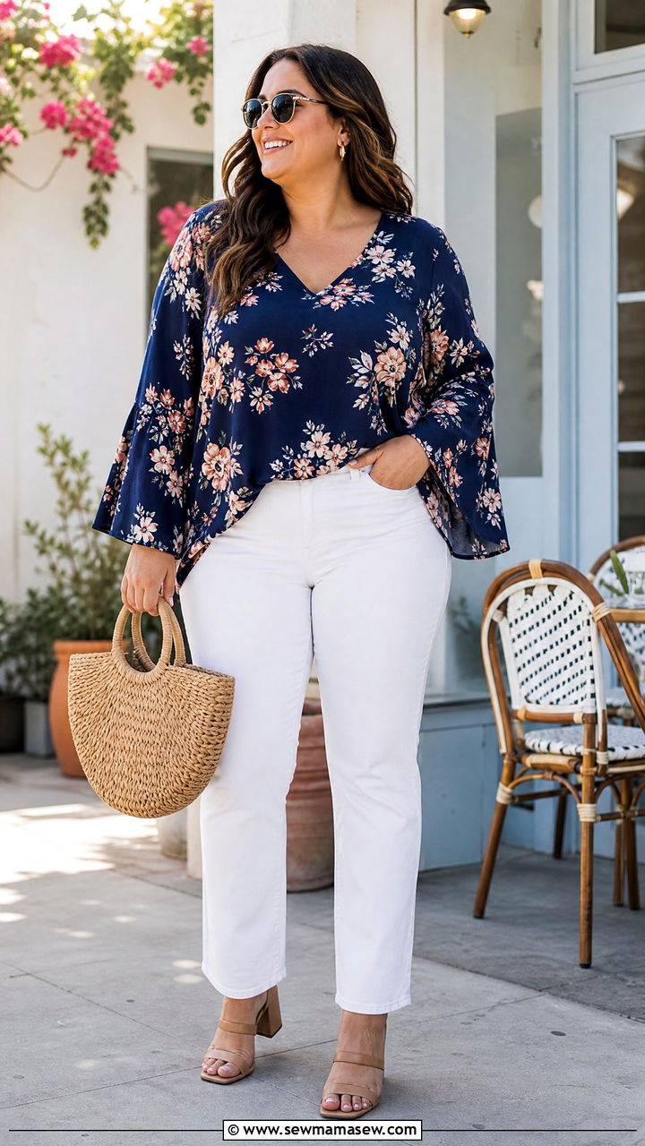 Plus Size Bell Sleeve Blouse With White Jeans - 20 plus size bell sleeve blouse outfit ideas