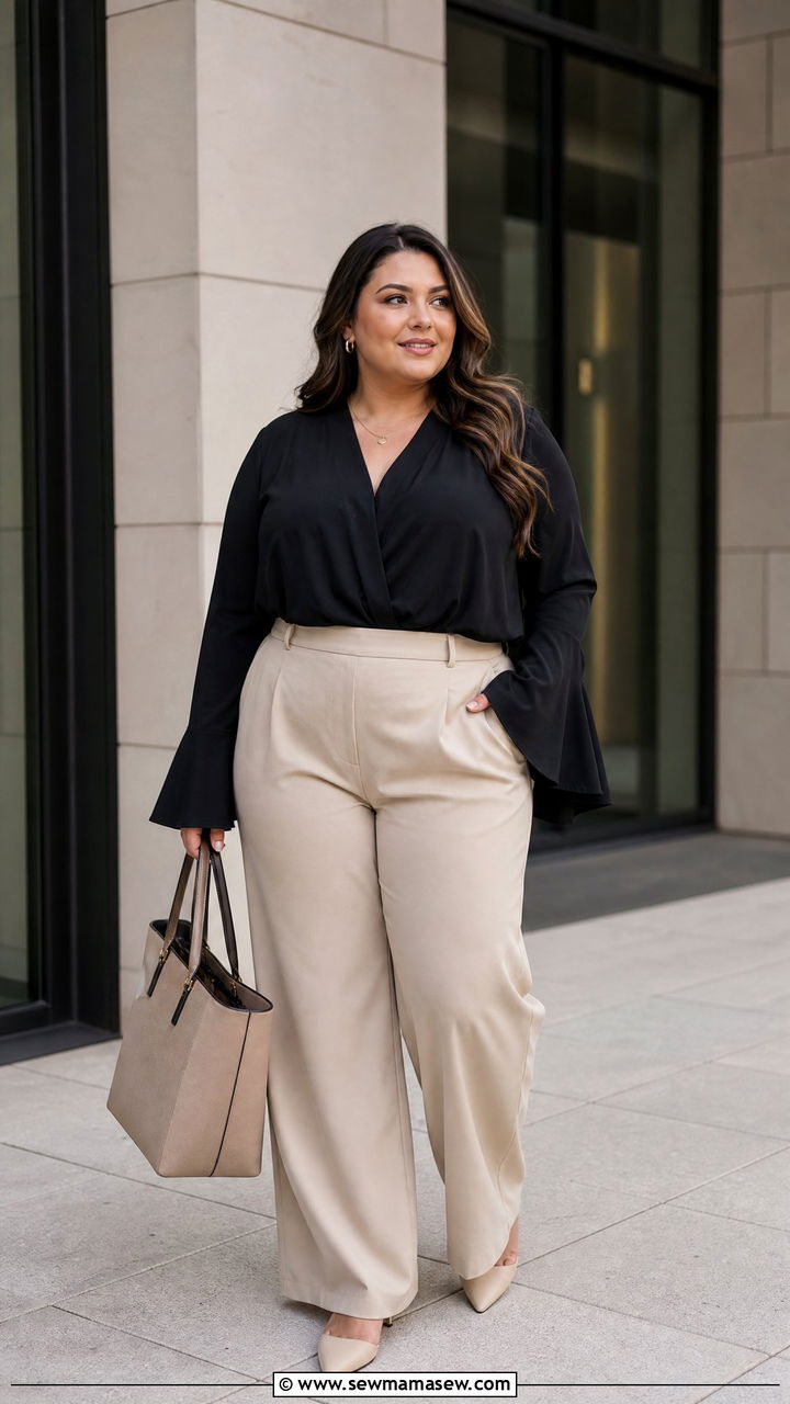 Plus Size Bell Sleeve Blouse With Wide Leg Pants - 20 plus size bell sleeve blouse outfit ideas